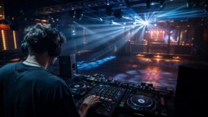 DJ producer previewing a track in an empty club with mixer, subwoofers, headphones, and kinetic lights