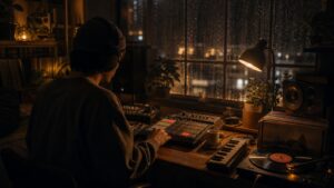 Cozy nighttime producer desk with sampler, headphones, keyboard, warm lamp, and rain-lit window