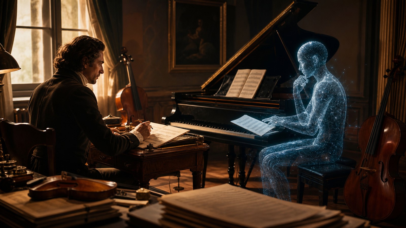 Human composer and subtle luminous composition assistant near a grand piano and string instruments