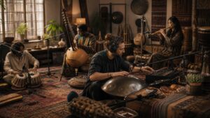 Sound designer respectfully sampling global acoustic textures with traditional instruments and microphones