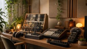 Creative workstation with field recorder, modular synth, sampler, headphones, plants, and acoustic panels
