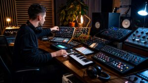 Electronic music production desk with synthesizers, drum machine, controller, monitors, headphones, and cables