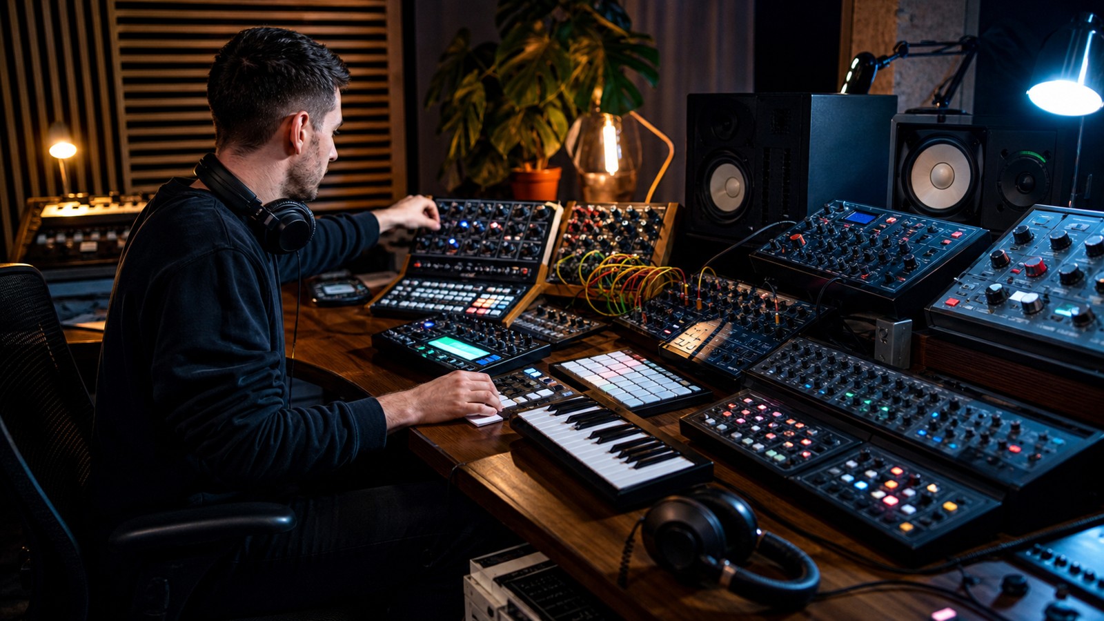 Electronic music production desk with synthesizers, drum machine, controller, monitors, headphones, and cables