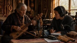 Elder musician and younger archivist recording a traditional instrument in a warm community studio
