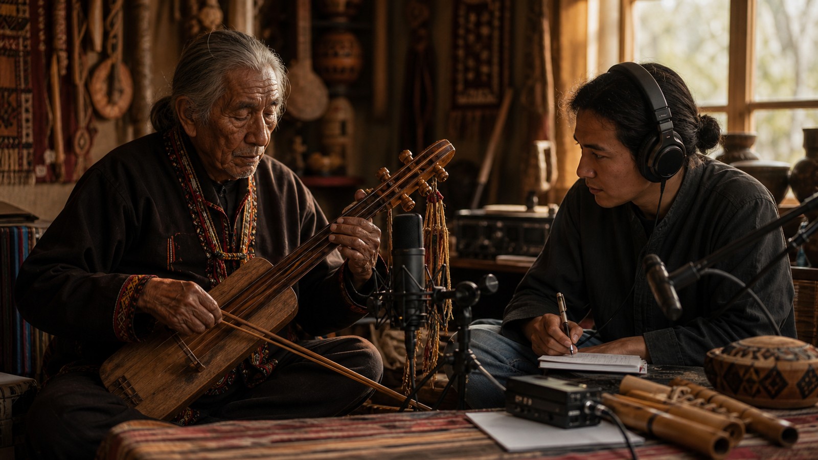 Elder musician and younger archivist recording a traditional instrument in a warm community studio