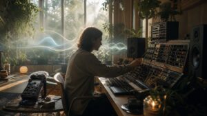 Ambient producer in a calm studio with modular synths, field recorder, plants, and soft sound-wave light