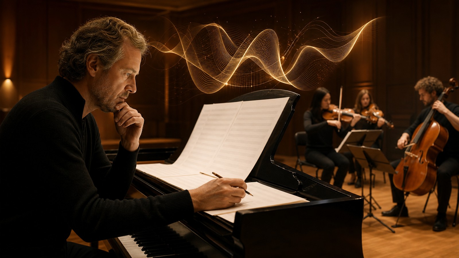 Composer at a piano with chamber ensemble rehearsal and subtle luminous sound shapes above a music stand