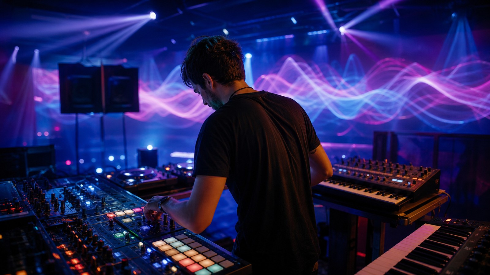 Electronic producer surrounded by synthesizers, drum machines, controller pads, and responsive club lights