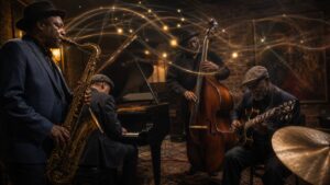 Jazz club rehearsal with saxophone, upright bass, piano, blues guitar, and luminous improvisation patterns
