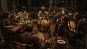 Respectful multicultural recording session with traditional instruments, musicians, microphones, and subtle sound patterns