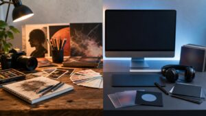 Creative direction table split between tactile designer materials and blank digital tools with headphones and blank album mockups