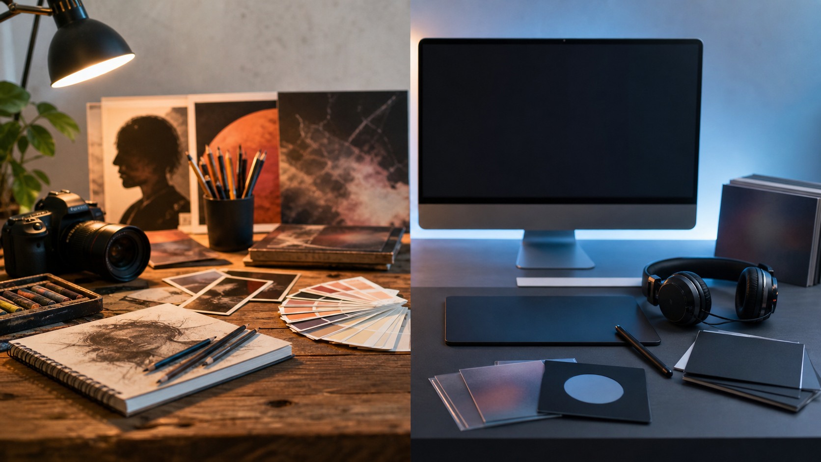 Creative direction table split between tactile designer materials and blank digital tools with headphones and blank album mockups