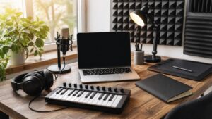 Beginner musician desk with headphones, small MIDI keyboard, drawing tablet off, microphone, lamp, closed sketchbook, blank laptop, and acoustic foam