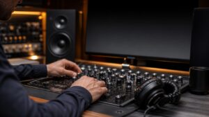 Professional studio desk with compressor hardware, control surface, headphones, monitors, and blank screen