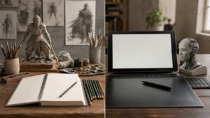 Comparison artist table with traditional pencils, blank sketchbook, paints, maquette, and blank modern tablet