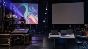 Stage tech comparison with modular lighting hardware, projection equipment, modern compact controllers, instruments, and blank screens