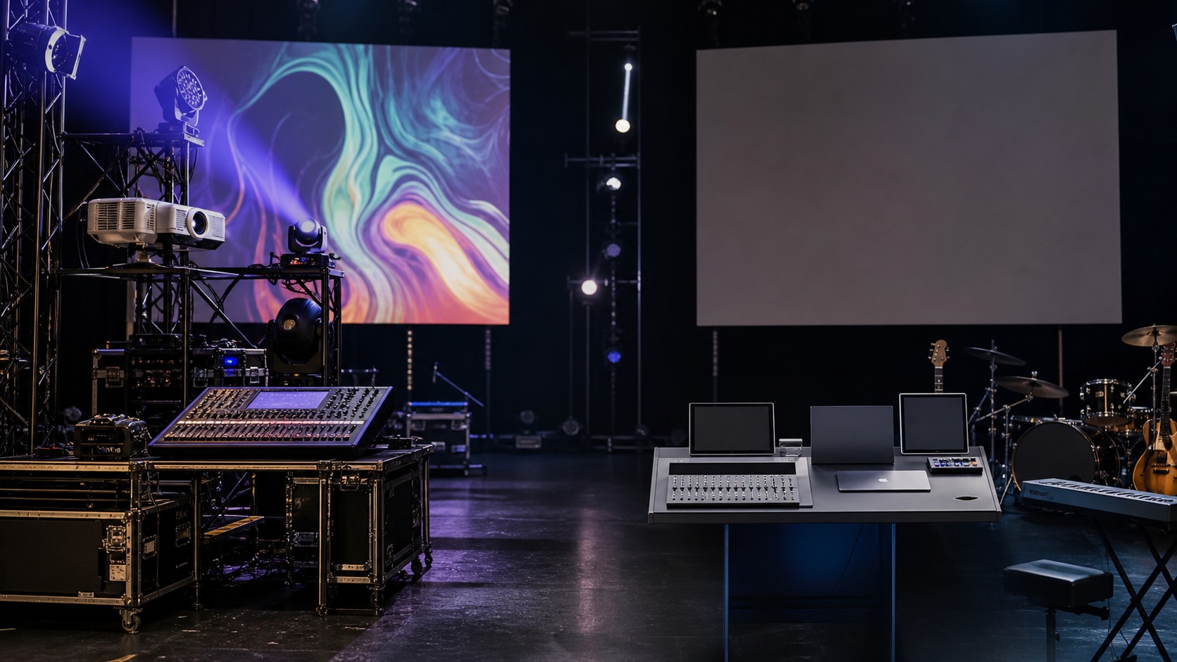 Stage tech comparison with modular lighting hardware, projection equipment, modern compact controllers, instruments, and blank screens