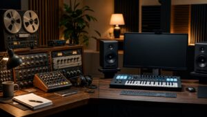 AI DAW comparison studio with vintage recording tools and modern controller workstation
