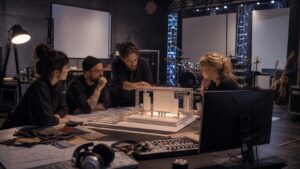 Stage design planning studio with miniature stage model, blank projection panels, truss pieces, headphones, controller, and fabric swatches