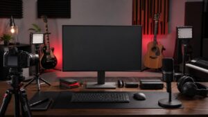 Music channel production desk with camera, microphone, headphones, light panels, blank monitor, storage drives, and instruments