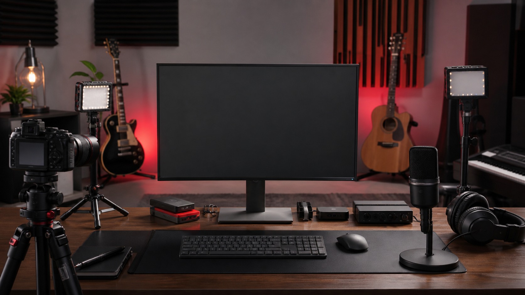 Music channel production desk with camera, microphone, headphones, light panels, blank monitor, storage drives, and instruments