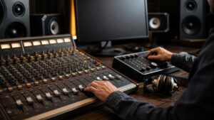 Hands adjusting analog console and compact studio controller in a professional mixing room