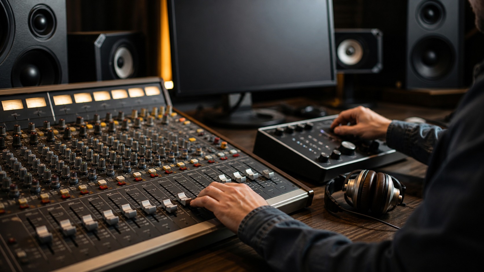 Hands adjusting analog console and compact studio controller in a professional mixing room