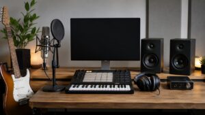 Step-by-step production desk with keyboard, controller, microphone, headphones, printed checklist without readable text, and blank screen
