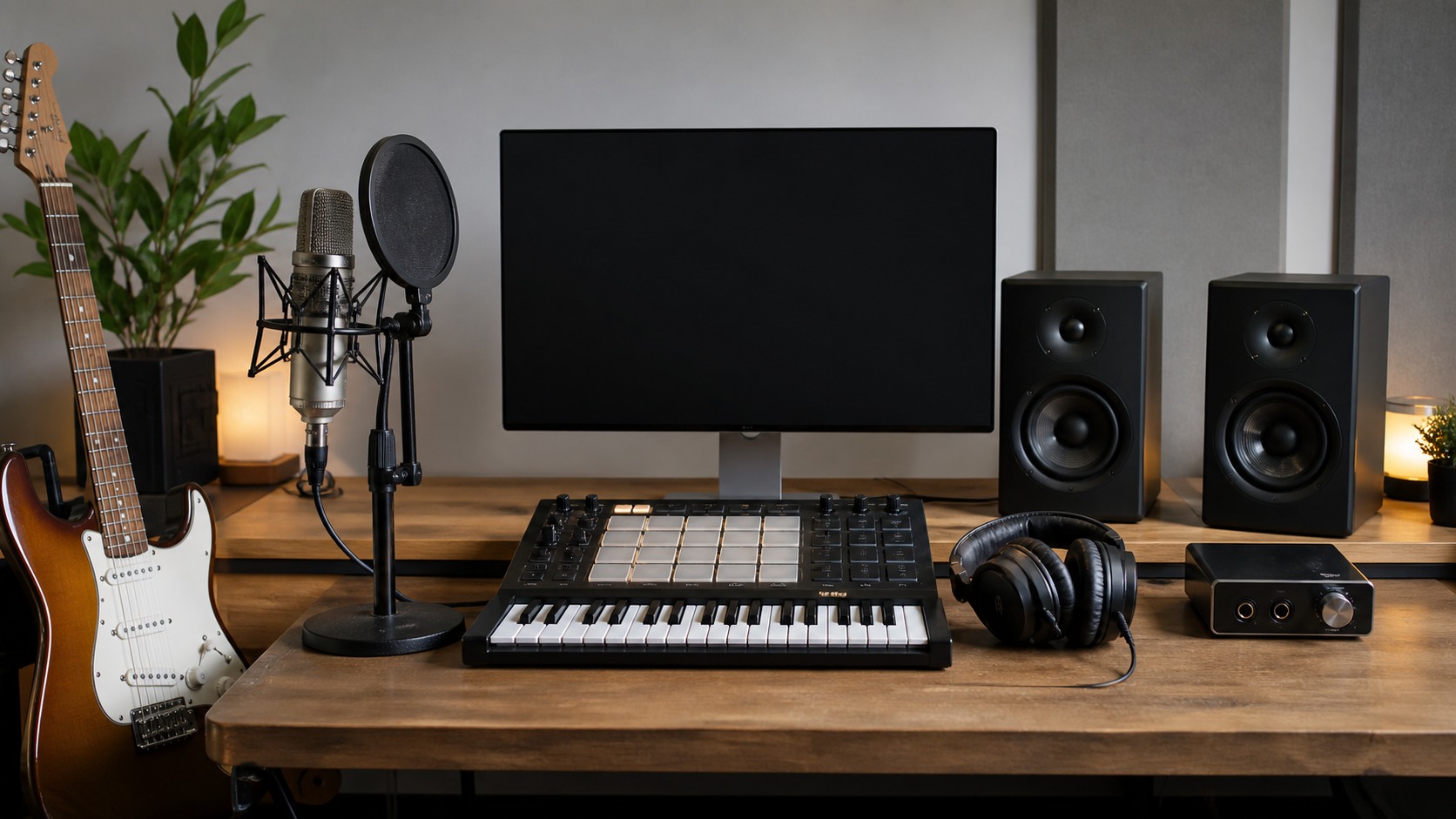 Step-by-step production desk with keyboard, controller, microphone, headphones, printed checklist without readable text, and blank screen