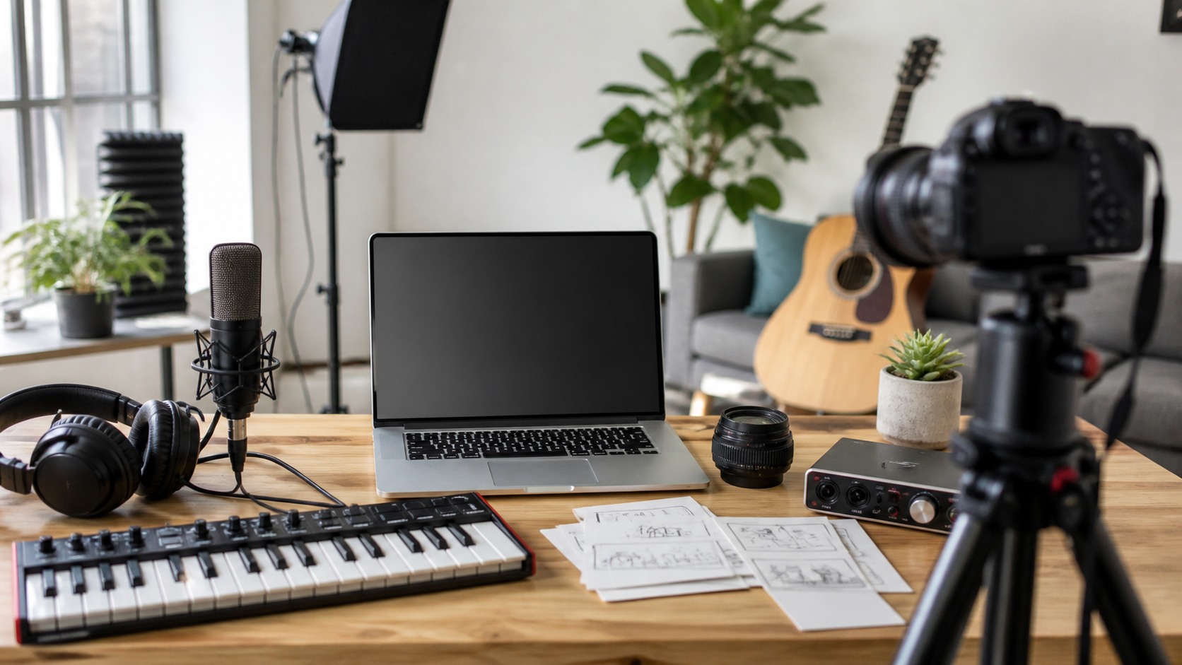 Beginner creator desk with headphones, microphone, MIDI keyboard, camera, simple light, blank laptop, and sketch cards