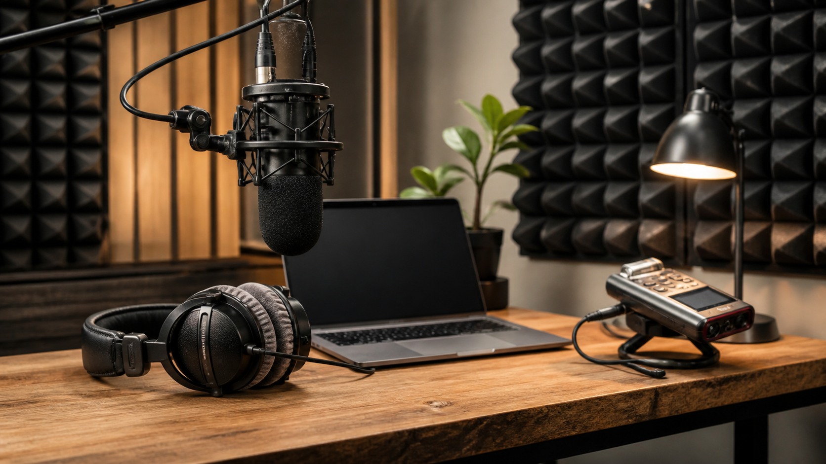 Recording cleanup station with microphone, headphones, acoustic panels, recorder, and blank laptop