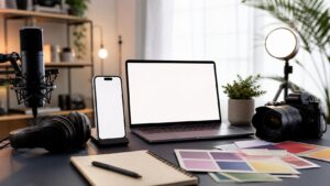 Beginner creator promo desk with blank phone screens, headphones, microphone, small lights, color cards, camera, and blank laptop