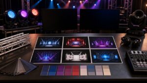 Stage production comparison desk with blank stage mockup cards, dark monitors, truss pieces, lights, headphones, controller, and swatches