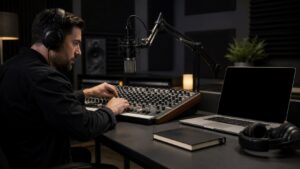 Audio editing desk with podcast microphone, headphones, waveform controller, acoustic panels, notebook, and blank laptop