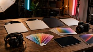 Album art direction table with blank vinyl sleeves, headphones, camera, color swatches, face-down prints, blank tablet, and studio lights
