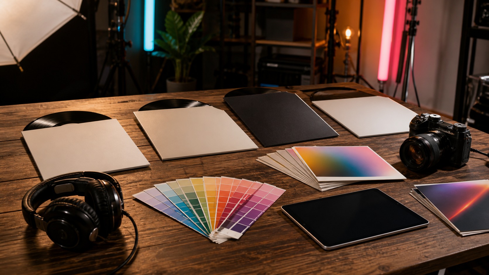 Album art direction table with blank vinyl sleeves, headphones, camera, color swatches, face-down prints, blank tablet, and studio lights