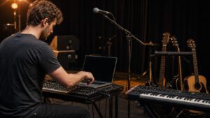 Small venue stage with microphone stand, guitar, keyboard, playback controller, in-ear pack, and blank monitor