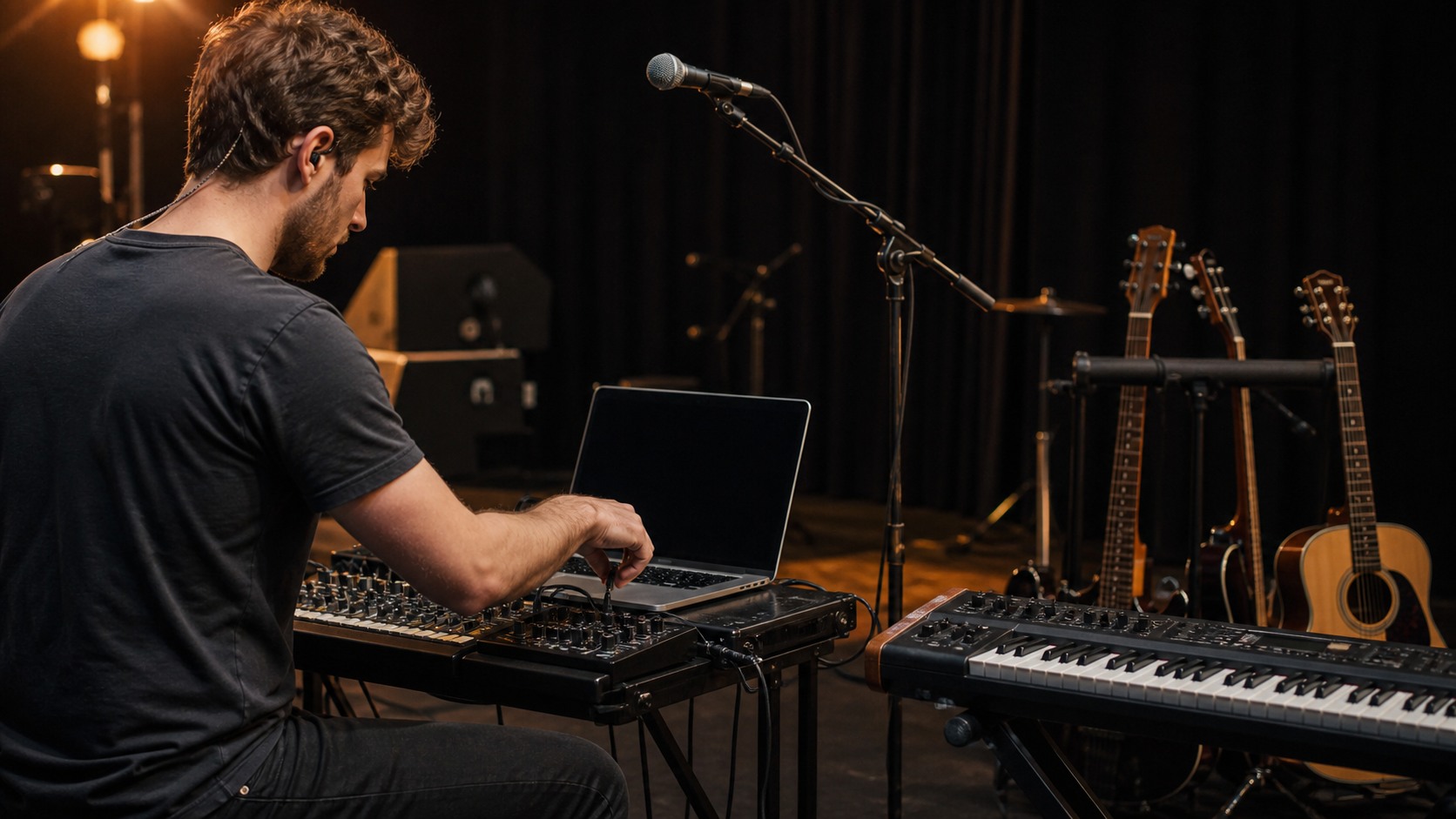 Small venue stage with microphone stand, guitar, keyboard, playback controller, in-ear pack, and blank monitor