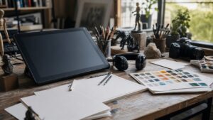 Artist studio with drawing tablet turned off, pencils, paint swatches, blank sketch pages, headphones, camera, and reference objects