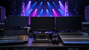 Concert production control room with lighting controller, audio mixer, headphones, stage model, blank monitors, and cables