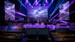 Live performance venue rehearsal with projection surfaces, LED beams, audio console, instruments, and stage monitors