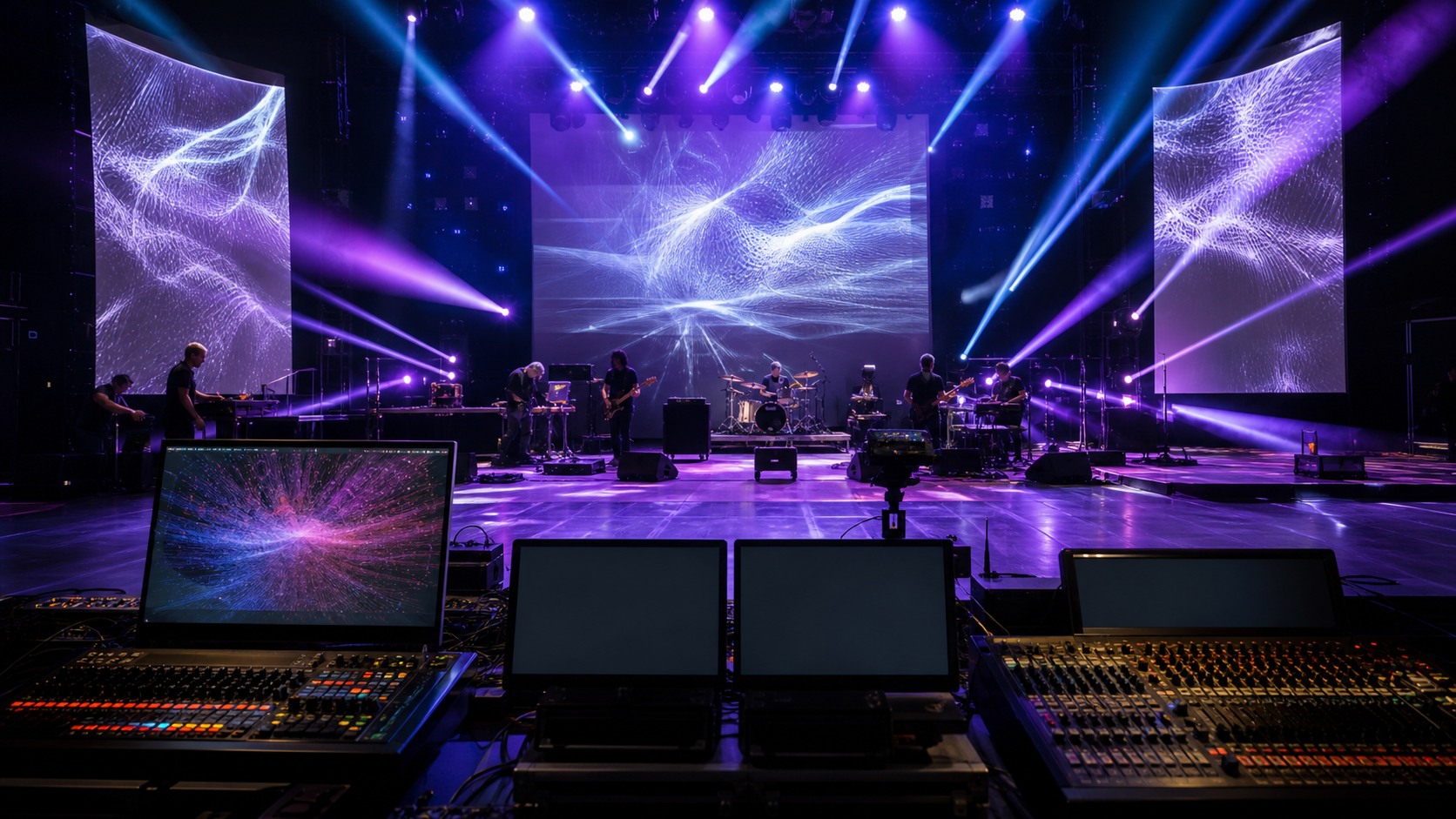 Live performance venue rehearsal with projection surfaces, LED beams, audio console, instruments, and stage monitors