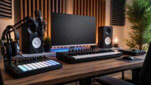 Modern producer workstation with MIDI controllers, microphone, monitors, and blank display