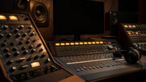 Professional mixing desk with dynamics hardware, headphones, monitors, control surface, and dark blank screen
