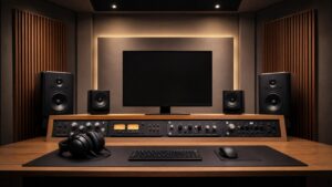Mastering room with precise monitors, minimal hardware, headphones, acoustic treatment, and blank dark monitor