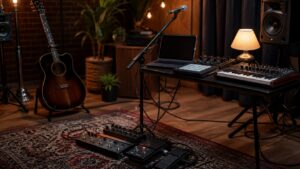 Solo looping performance setup with foot controller, guitar, vocal microphone, keyboard, floor monitor, and blank tablet
