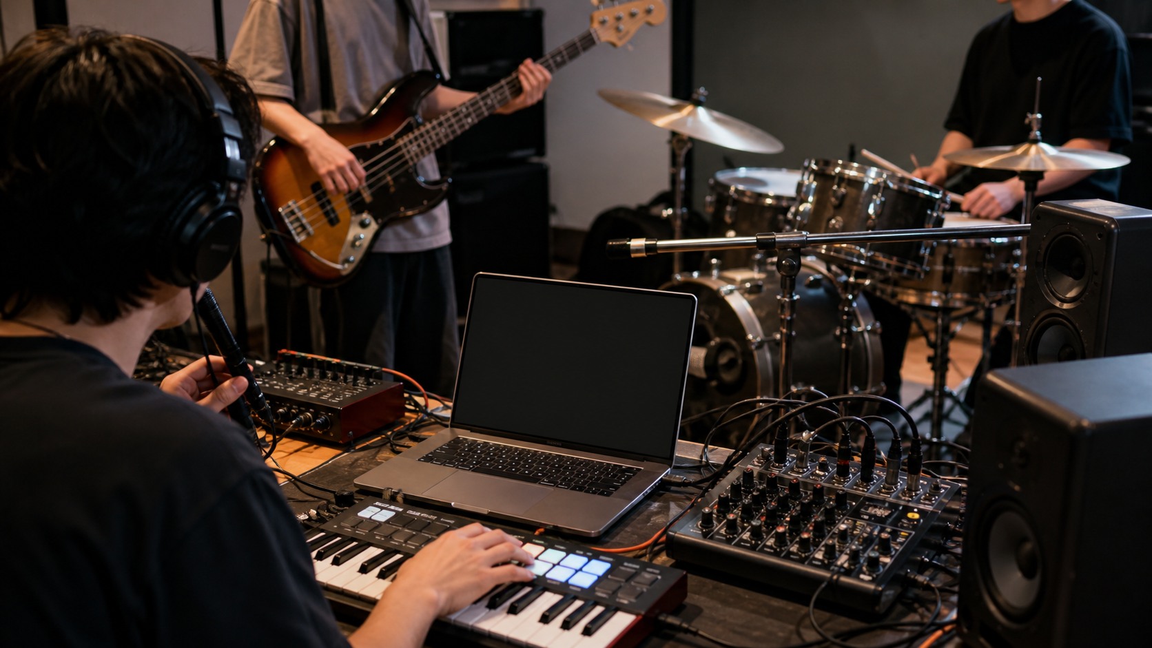 Live rehearsal stage with keyboard, guitar, compact controllers, microphones, monitors, cables, and blank tablet