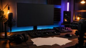 Lyric video editing suite with headphones, microphone, camera, controller, colored lights, face-down paper sheets, and blank monitor
