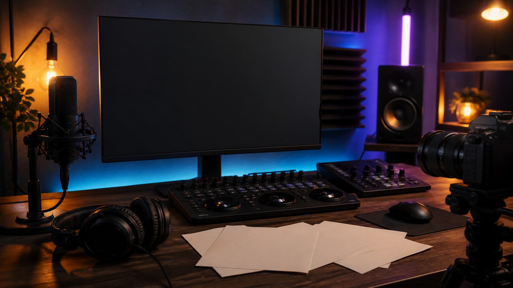 Lyric video editing suite with headphones, microphone, camera, controller, colored lights, face-down paper sheets, and blank monitor