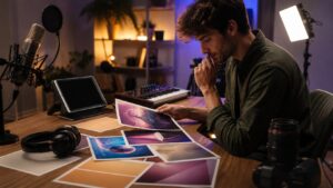 Creator studio with vocal microphone, headphones, tablet turned off, video light, keyboard, camera lens, and no readable text
